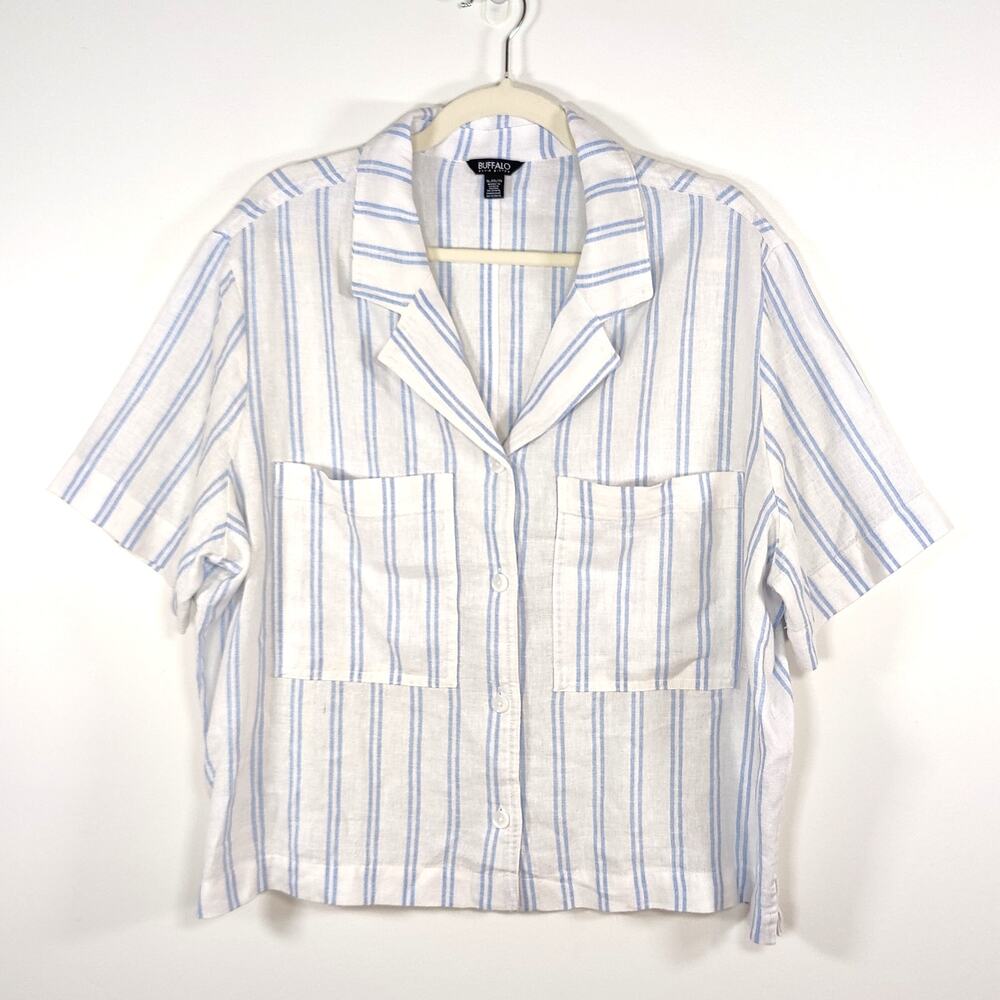 Buffalo David Bitton Linen Blend Camp Shirt White Blue Stripe XL Resort Wear